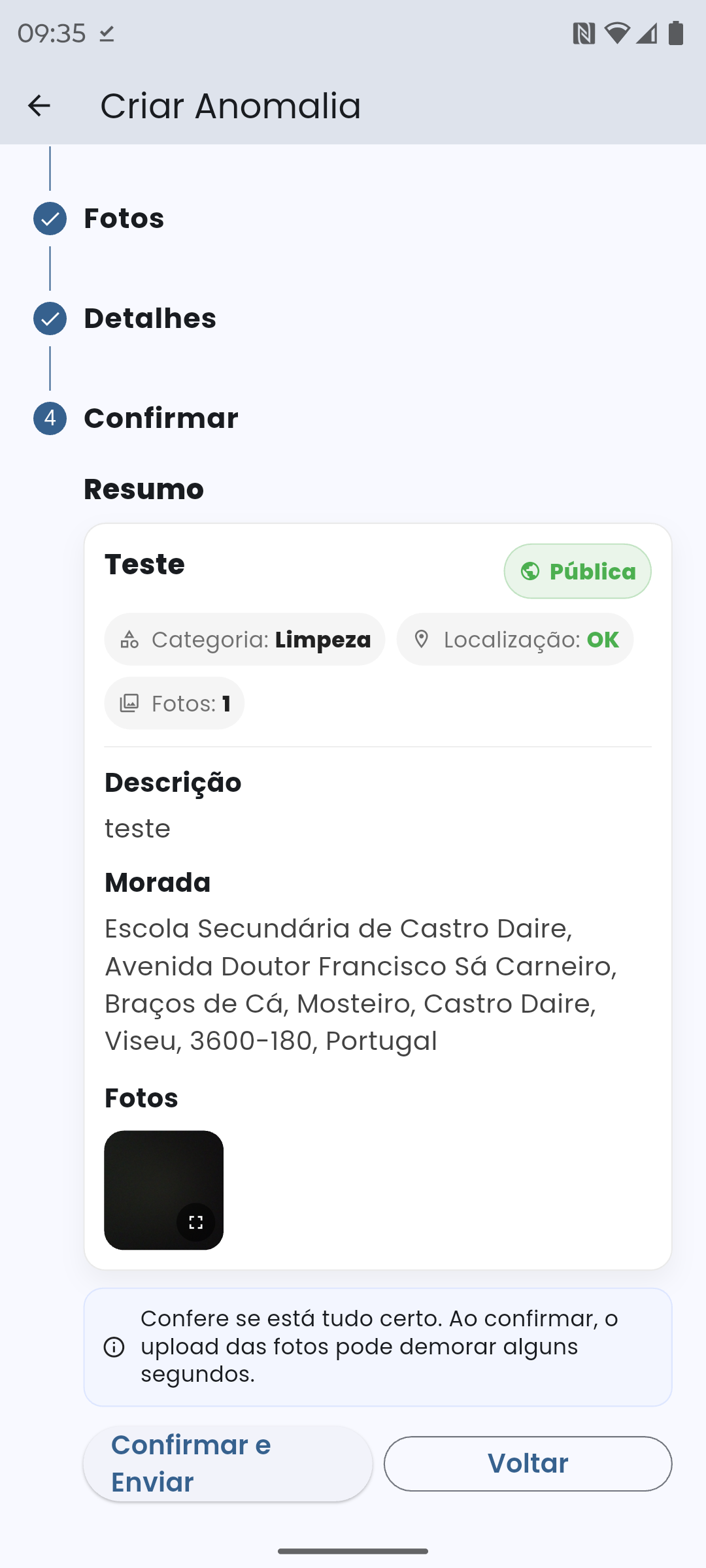 Ecrã de confirmação final