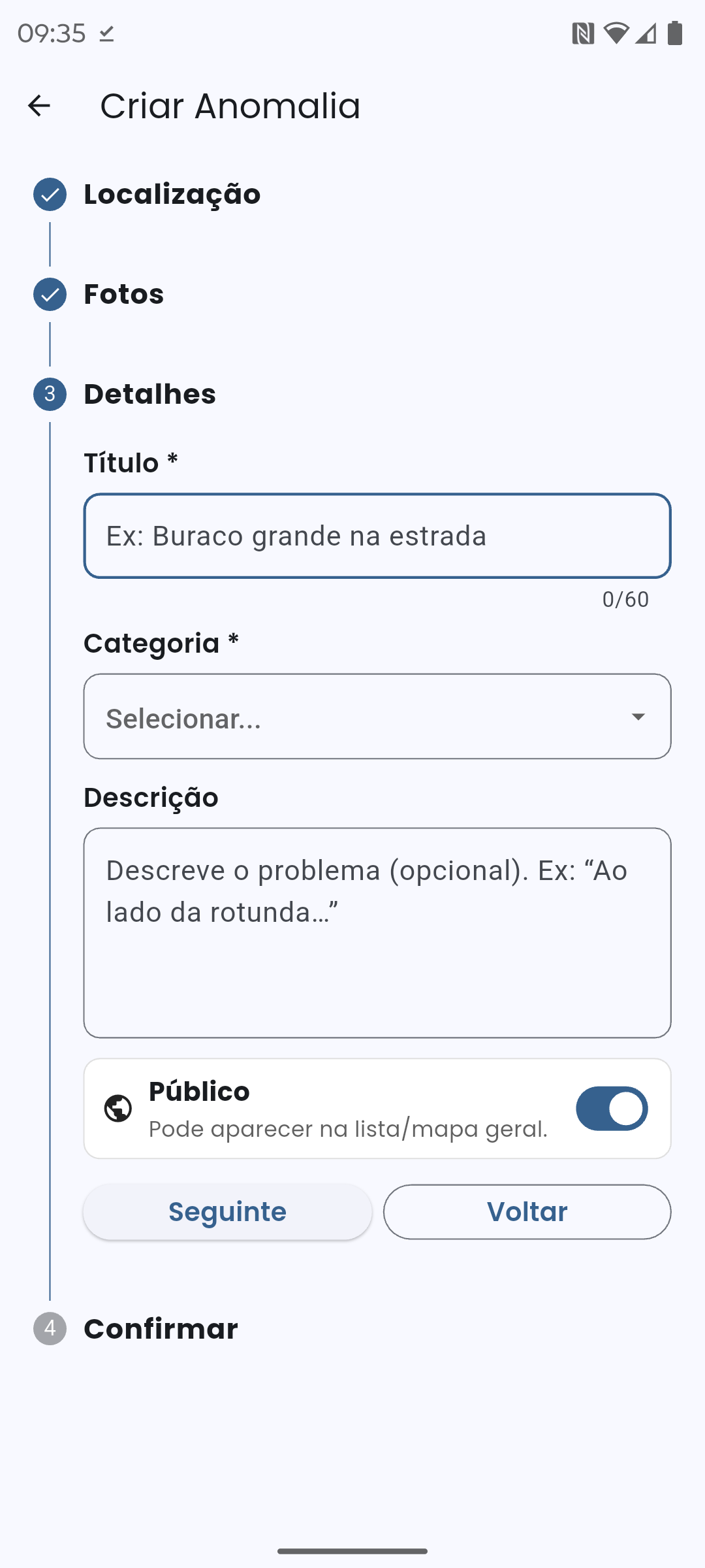 Ecrã de detalhes da ocorrência
