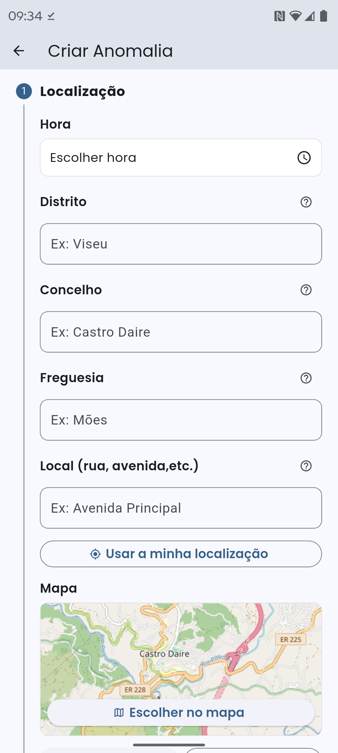 Ecrã de localização do problema
