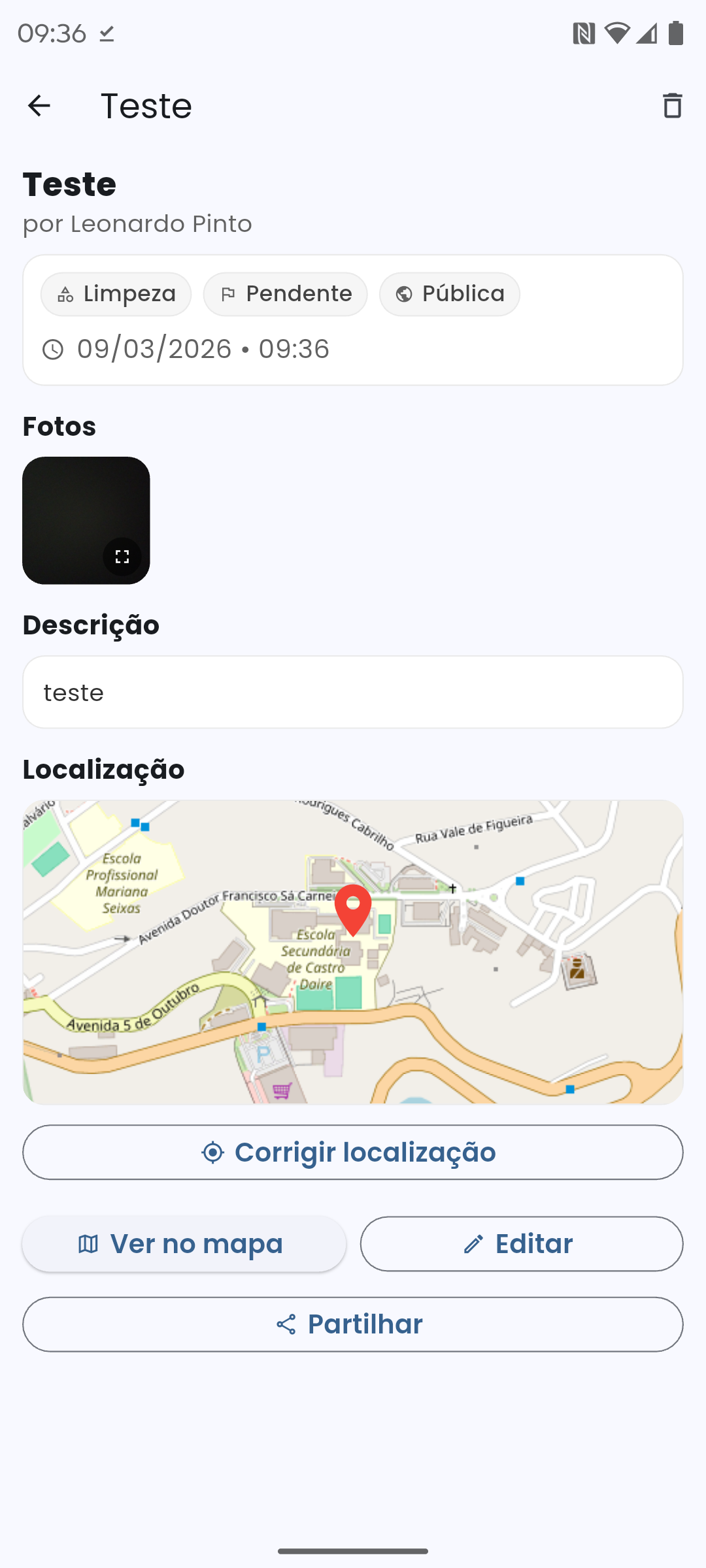 Ecrã de detalhes da denúncia